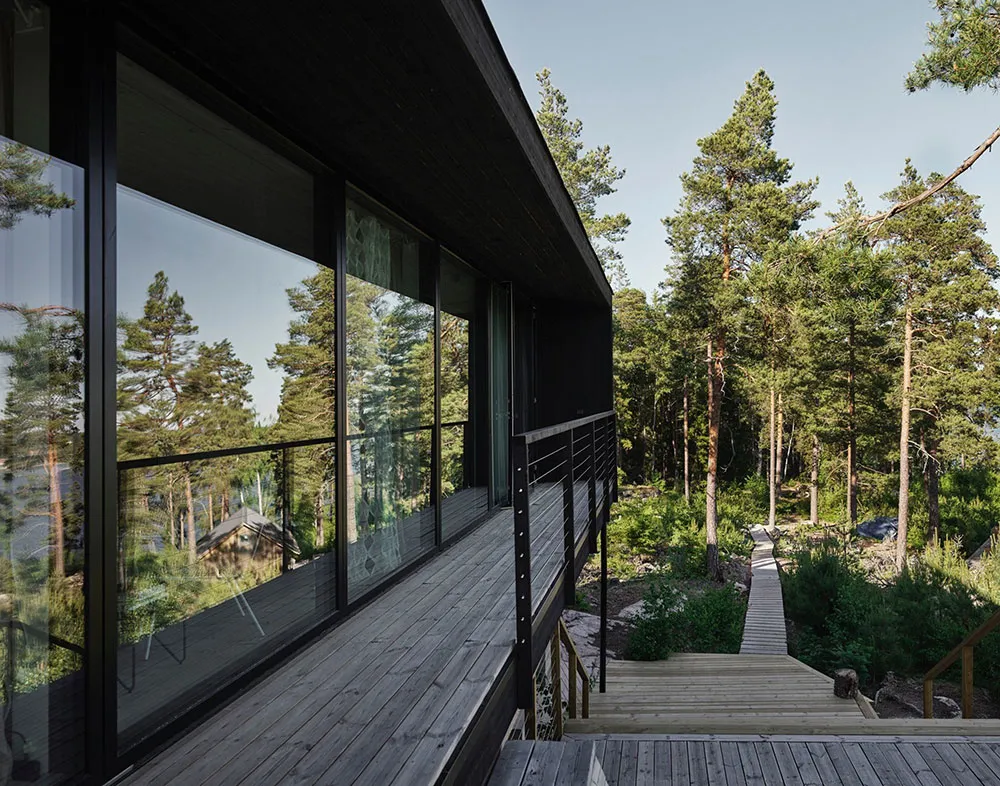 Modern residential exterior featuring bamboo deck and forest backdrop.