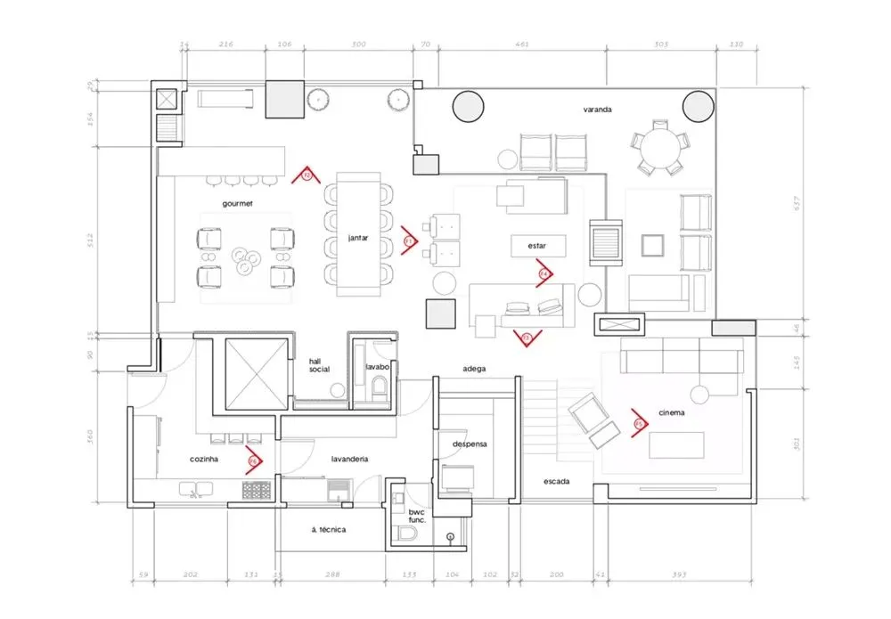 現代客廳的詳細建築平面圖,包含家具配置、尺寸標示與指定區域。