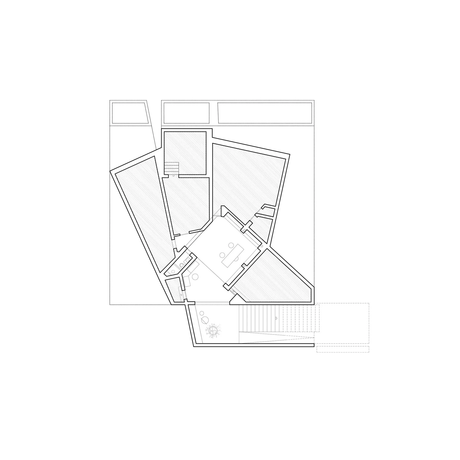 黑白建築平面圖，展示現代室內設計的空間配置