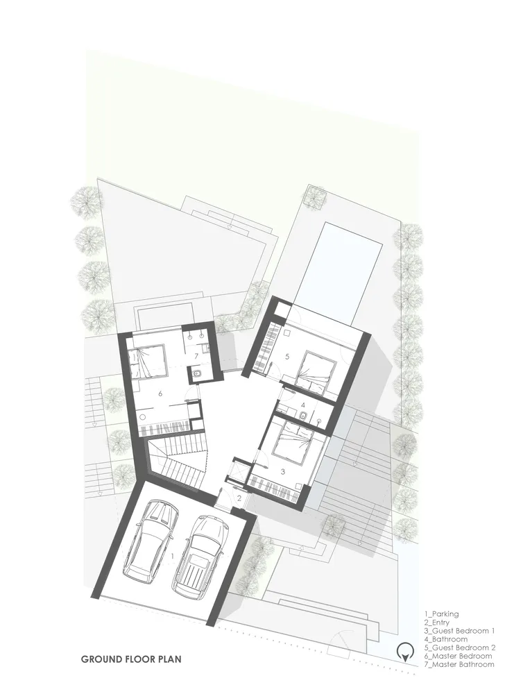 Modern house ground plan with concrete and minimalist design features.