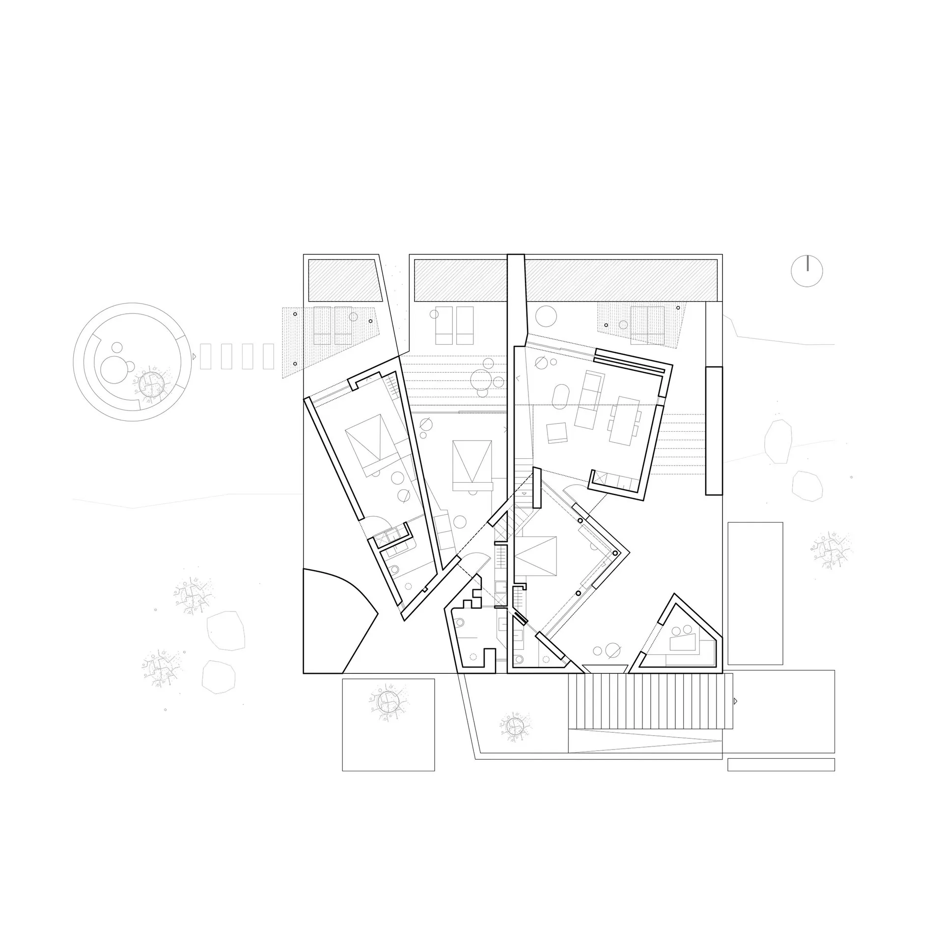 2D architectural drawing of a residential floor plan with mixed media elements