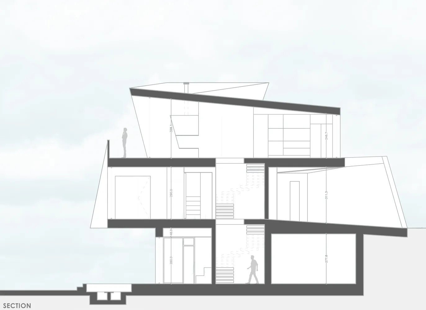 Cross-section drawing of a modern residential house featuring glass walls and steel beams.