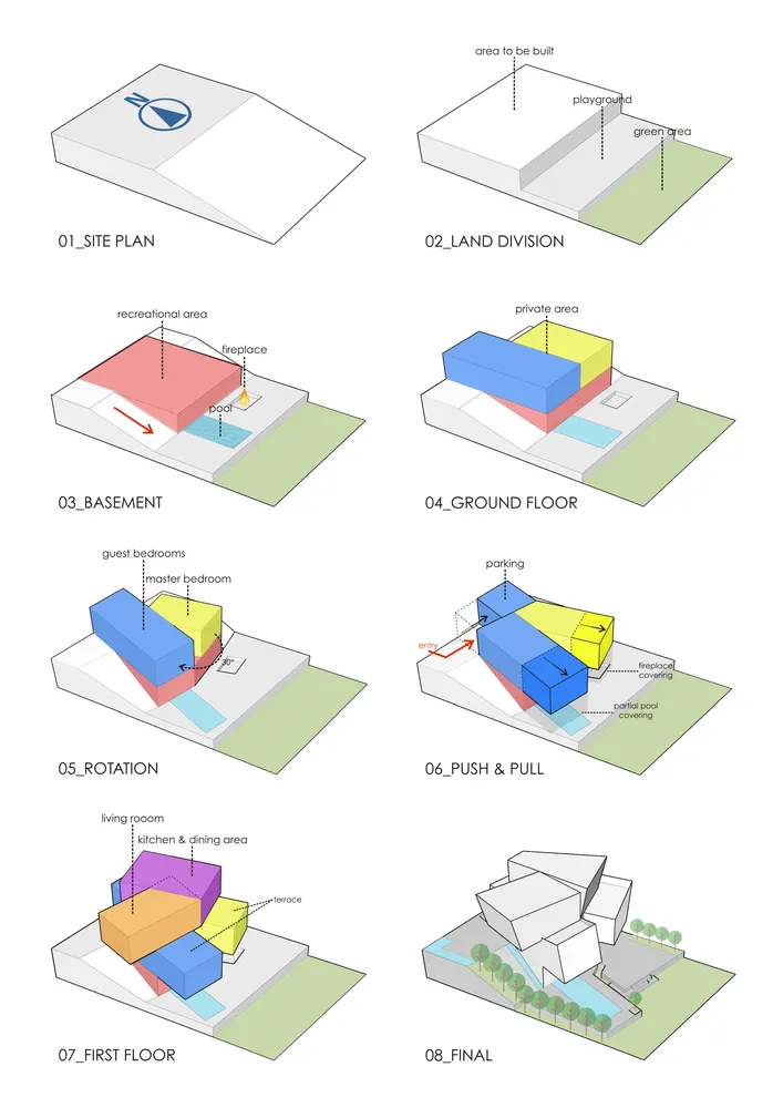 Floor plan of a commercial building with various rooms and spatial arrangements.