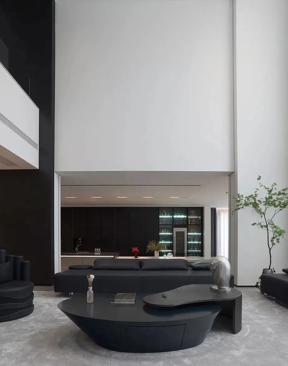 A modern living room with minimalist black and white decor
