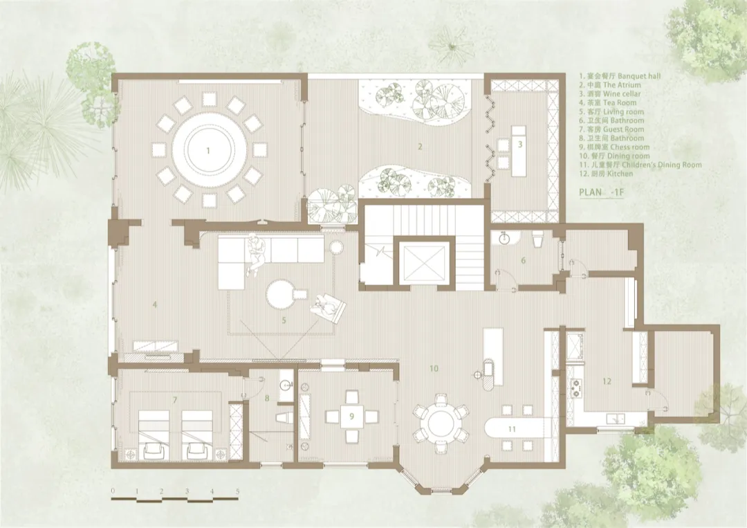 1-level architectural floor plan showing living spaces, layout with a winter garden