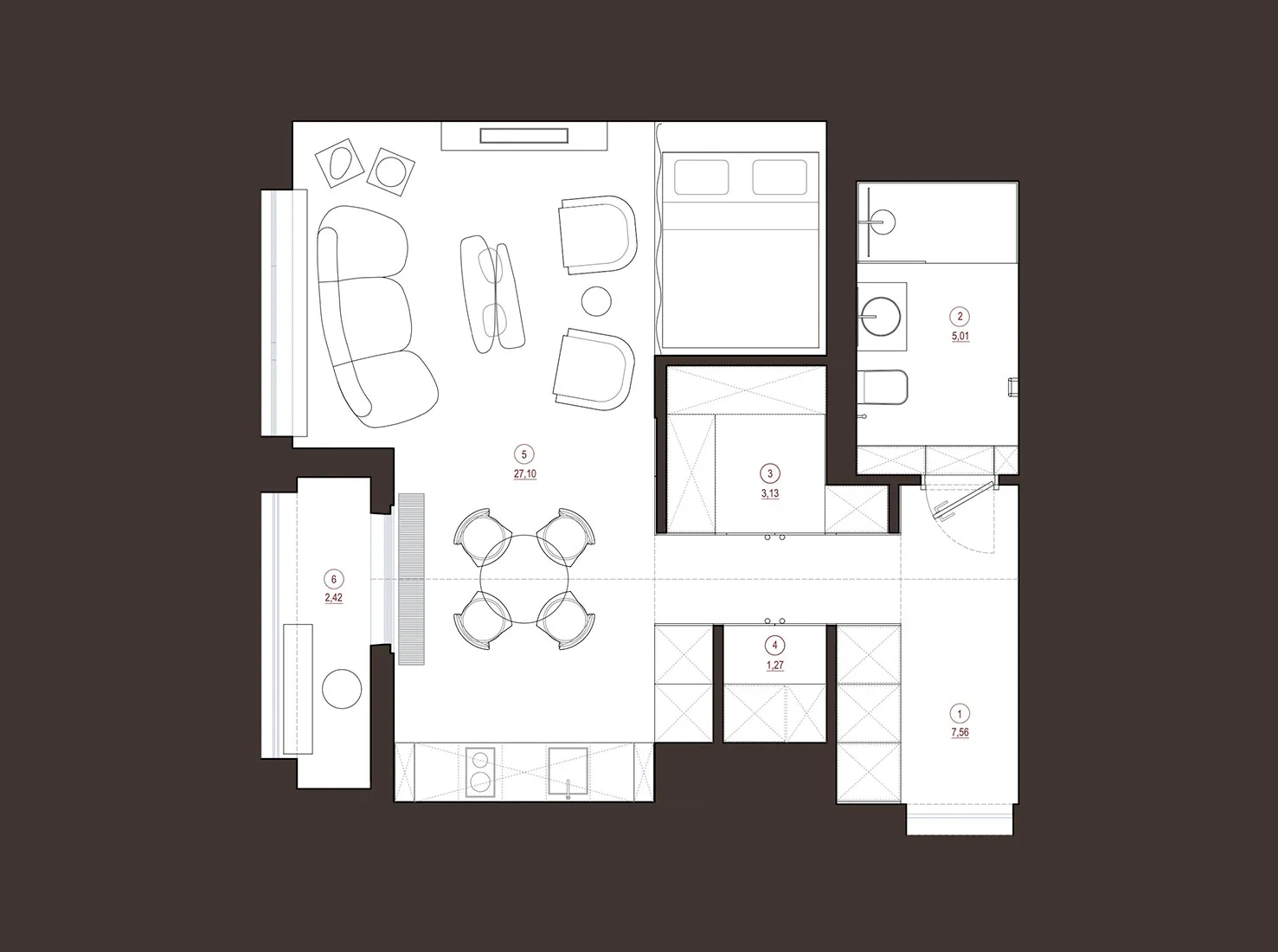 Minimalist architectural floor plan with living room, dining area, kitchen, bedroom, and bathroom.