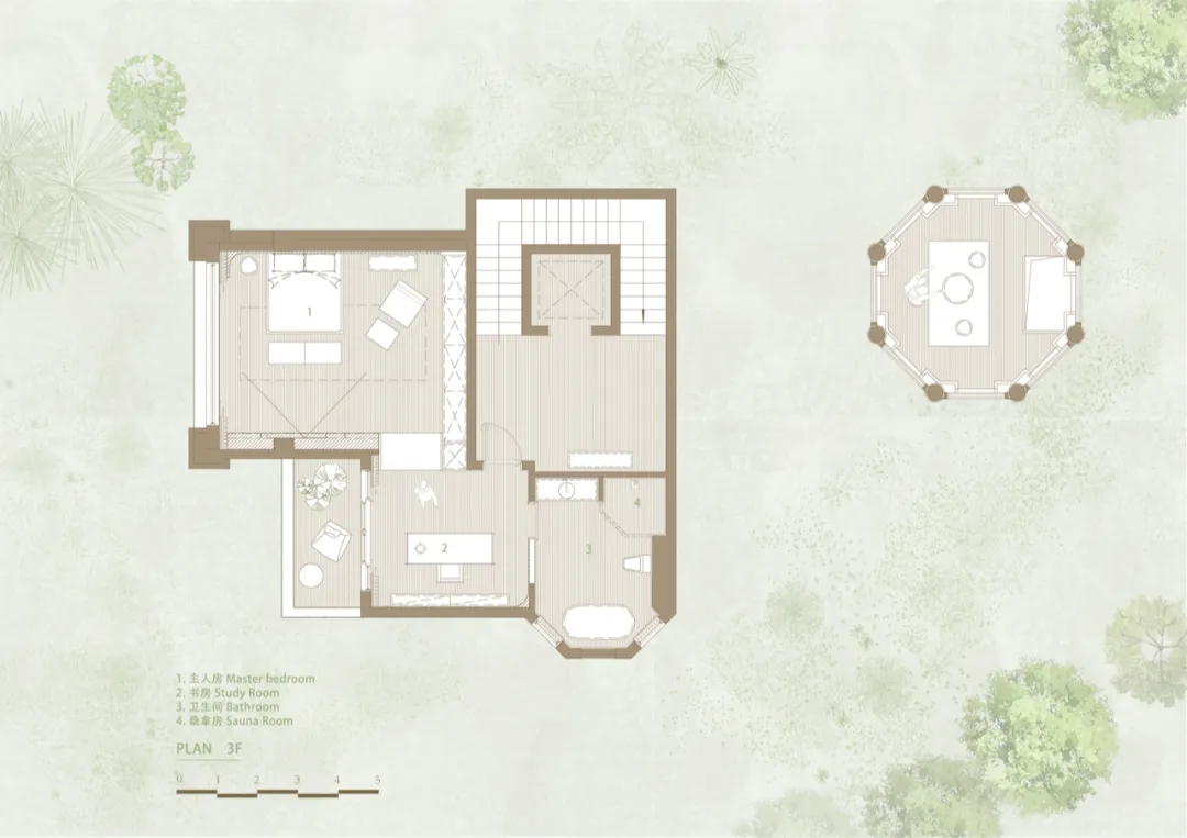 A minimalist floor plan rendered in 3D, depicting a residential layout with modern design elements.