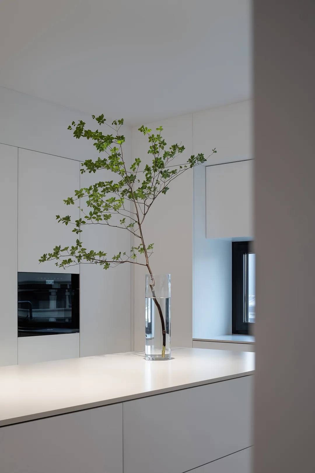 Modern minimalistic kitchen design with a glass vase containing green leaves.