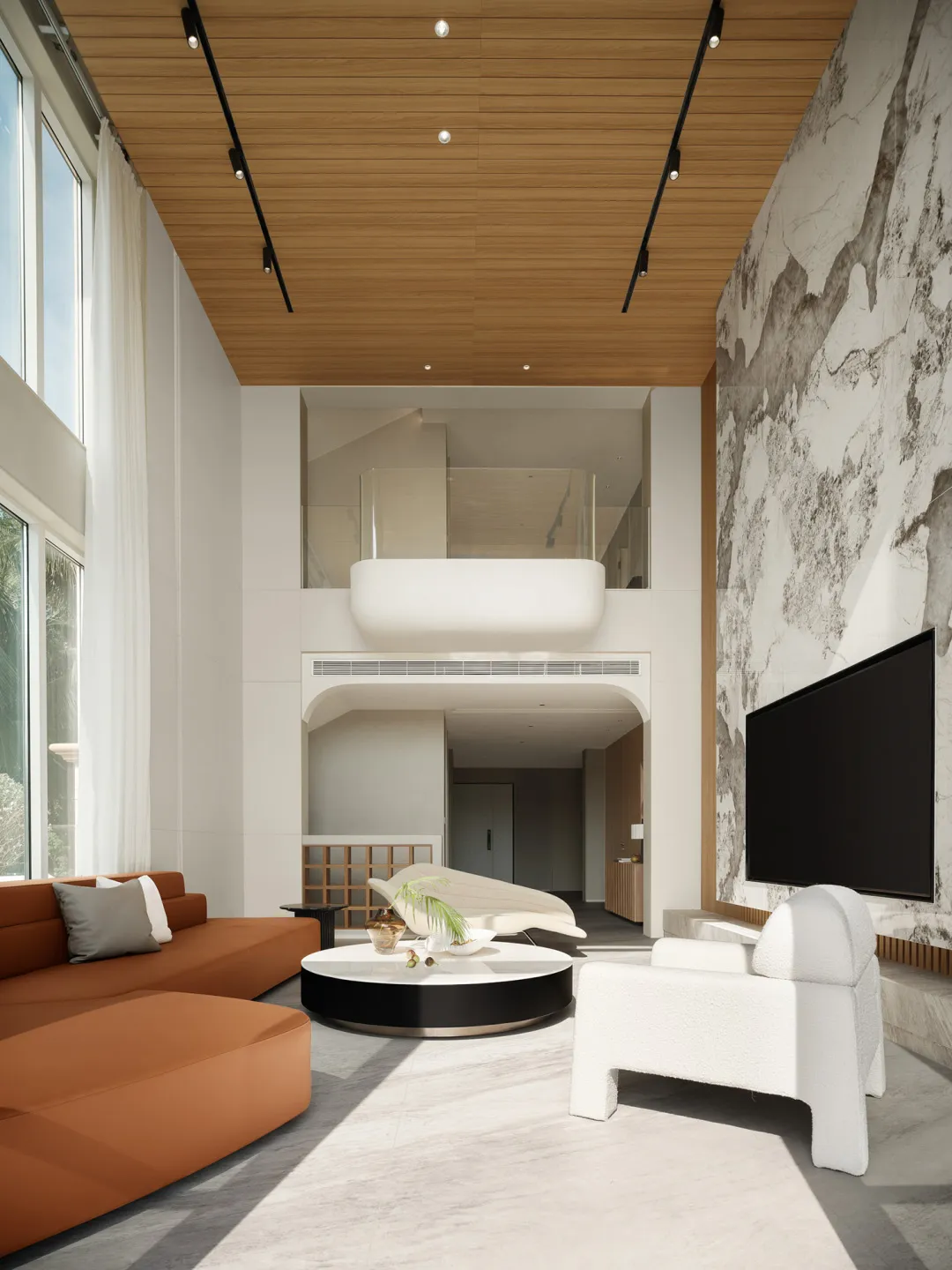 一間融合大理石、混凝土與木質元素的現代客廳。