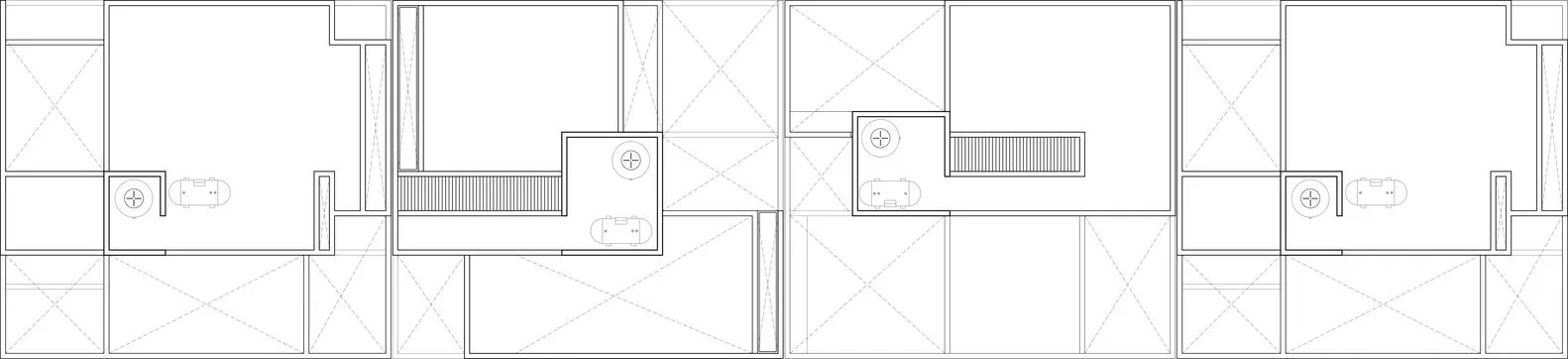 一張現代住宅的詳細技術建築平面圖,展示開放空間與現代家具配置。