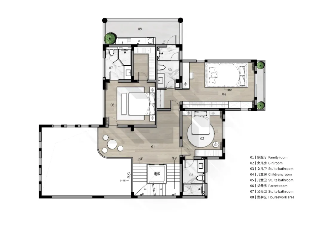 A detailed 2D architectural drawing of a modern residential apartment interior with modern furniture, wood flooring, marble f