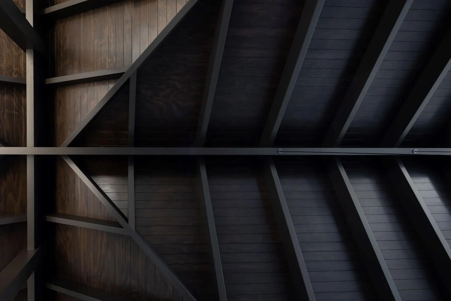 Ceiling with industrial steel beams and wooden panels