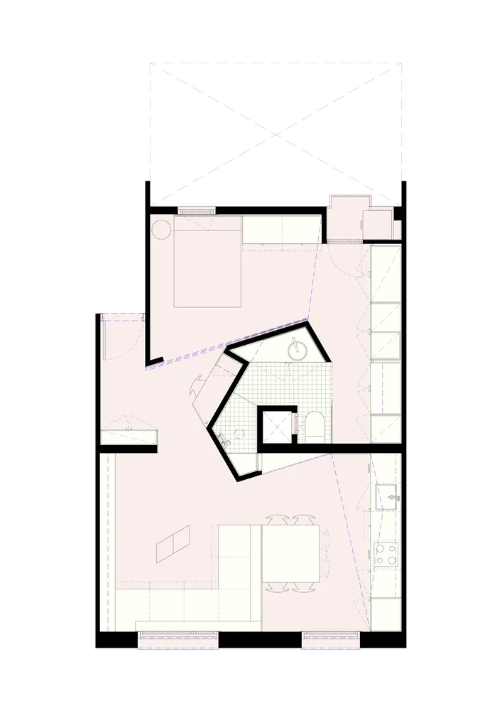 A minimalist apartment with neutral tones featuring an open concept layout.