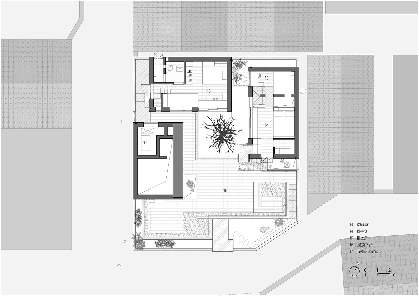A minimalist residential space with mixed media materials and a clear layout.