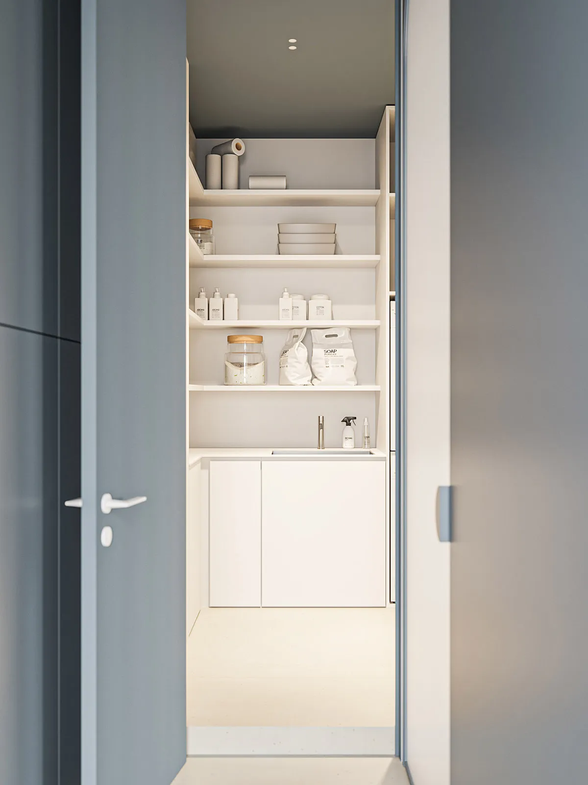 A minimalist storage room with white shelves holding various household items, set against a clean and modern background.