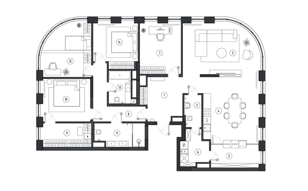 A modern apartment layout with living room, kitchen, bedrooms, and bathrooms.
