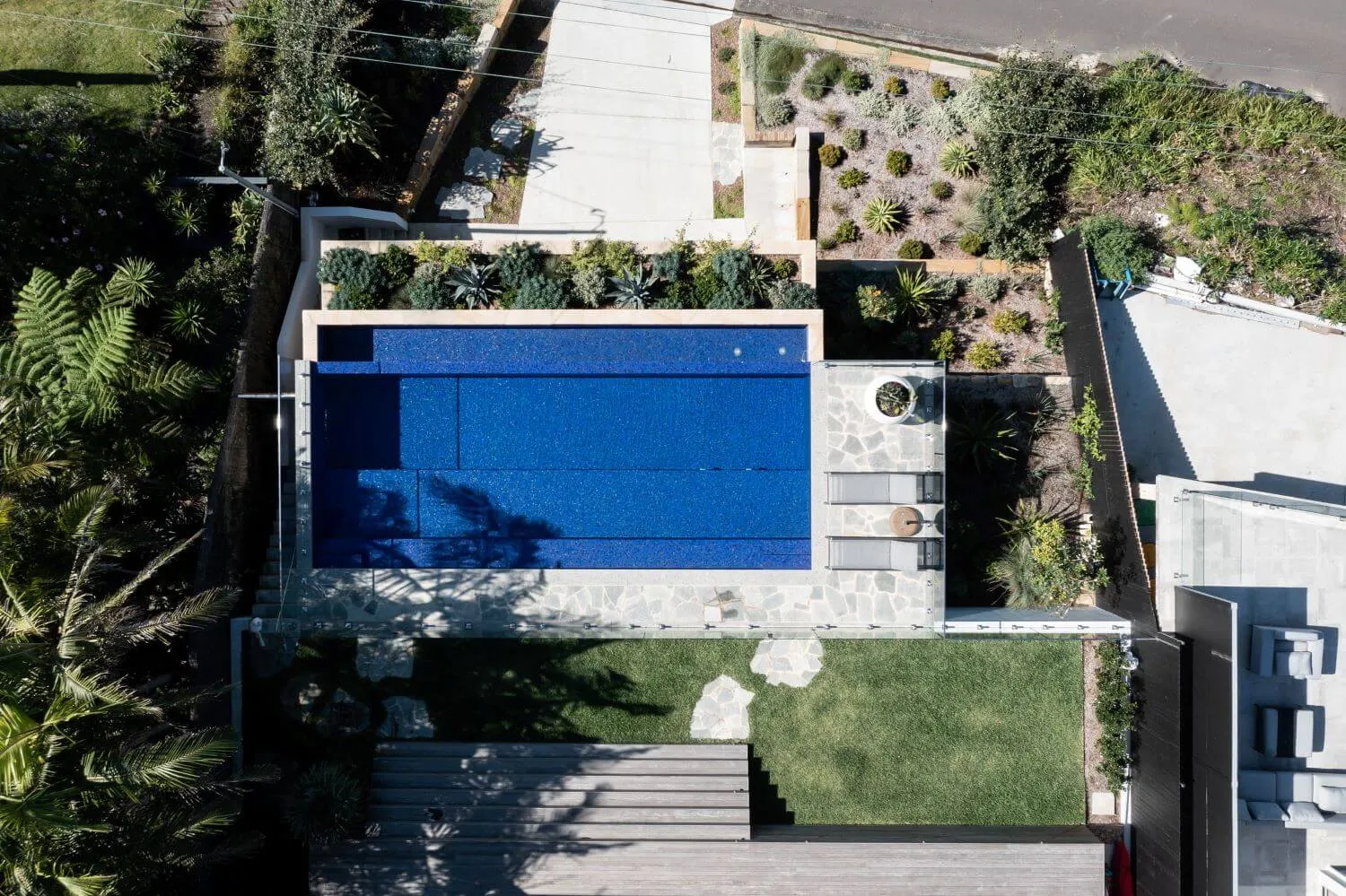 Modern pool with blue tiles and surrounding garden