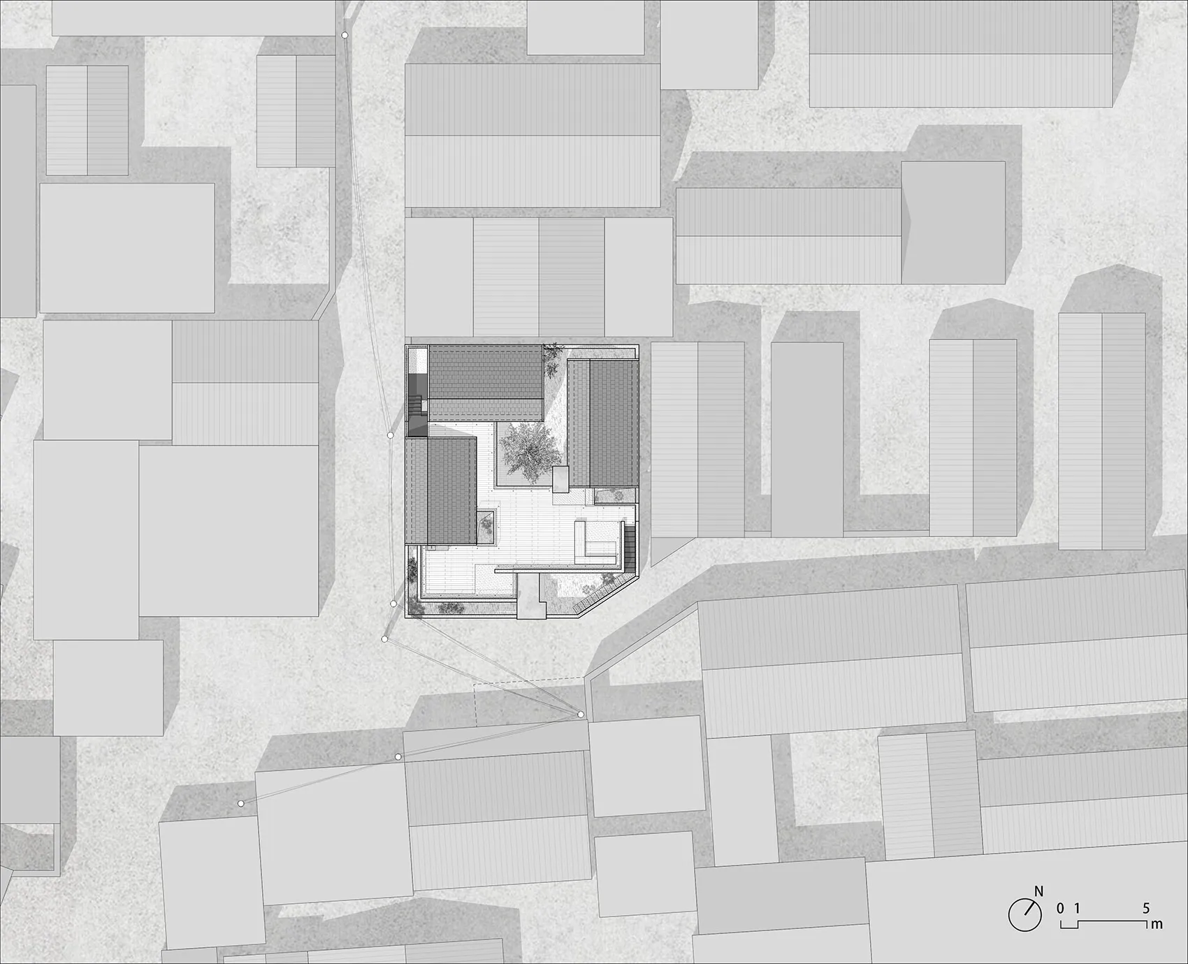 Floor plan of a modern house showing the interior layout and design features.