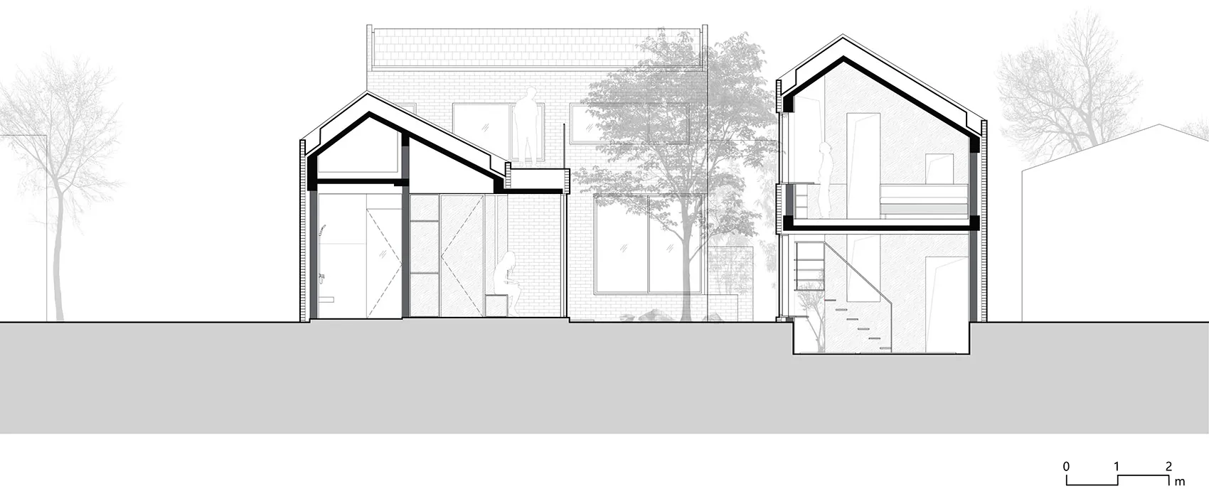 Perspective view of a modern interior design with brick and glass elements.