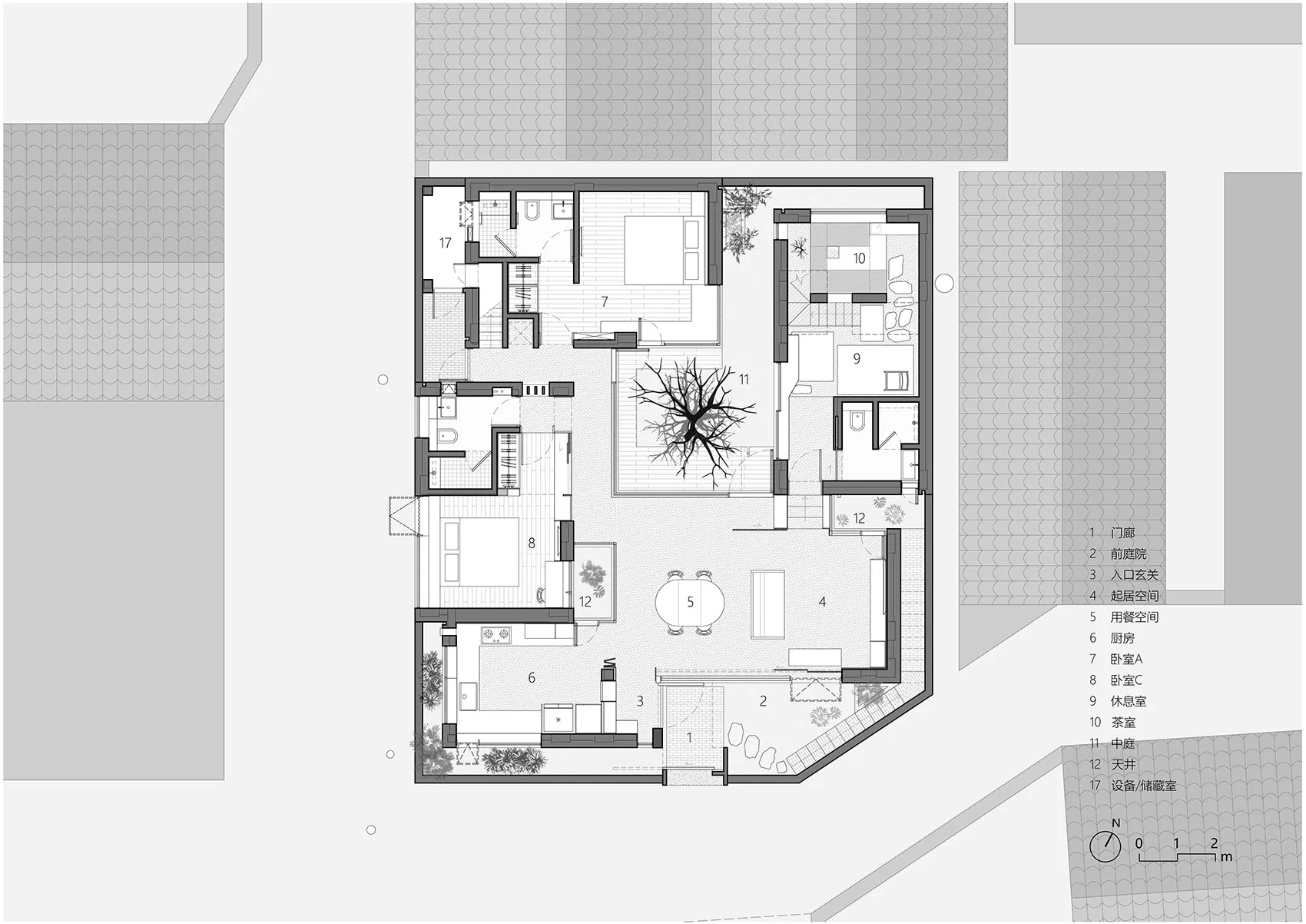 Modern architectural floor plan with concrete elements and an indoor tree.