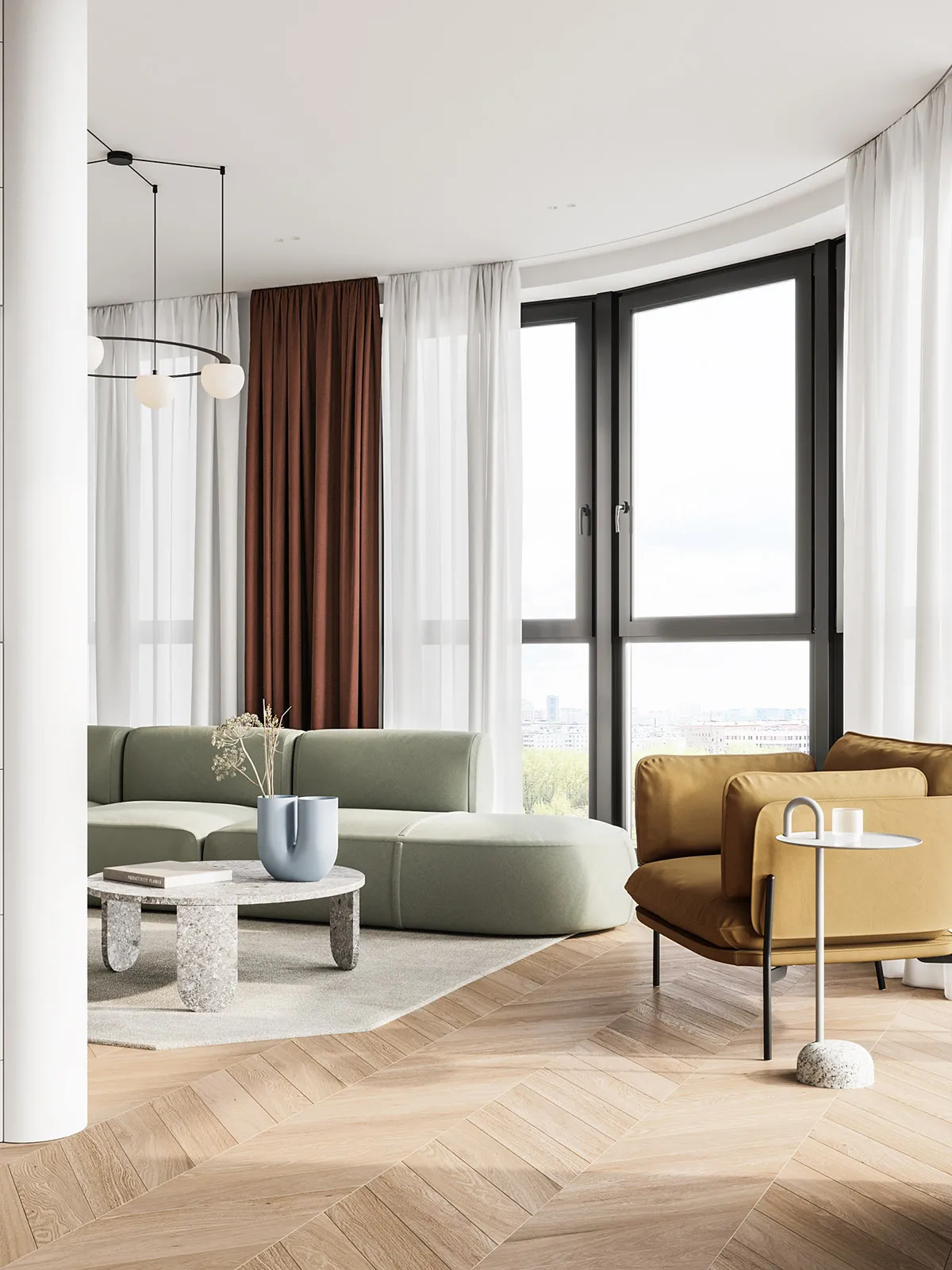 A modern minimalist living room with a curved sofa, armchair, and marble coffee table.