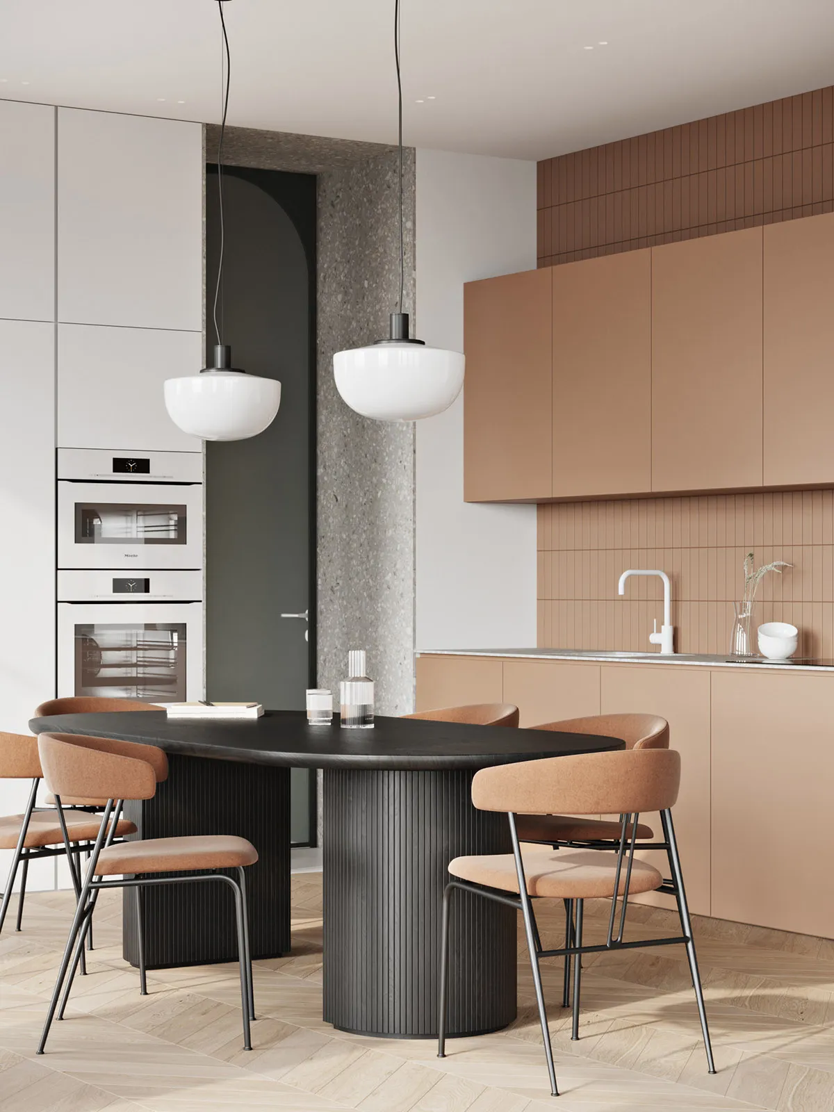 A modern minimalist residential kitchen featuring sleek black countertops, neutral tones, and architectural lighting.