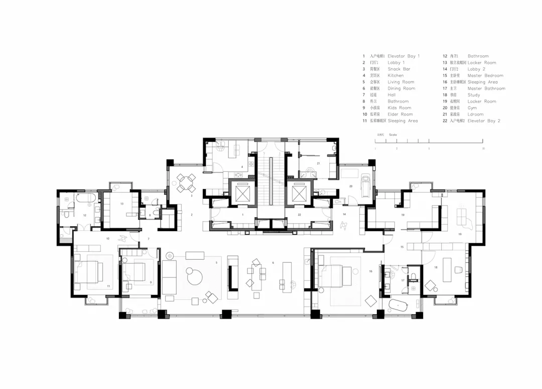 一張黑白現代住宅平面圖的 2D 建築藍圖。