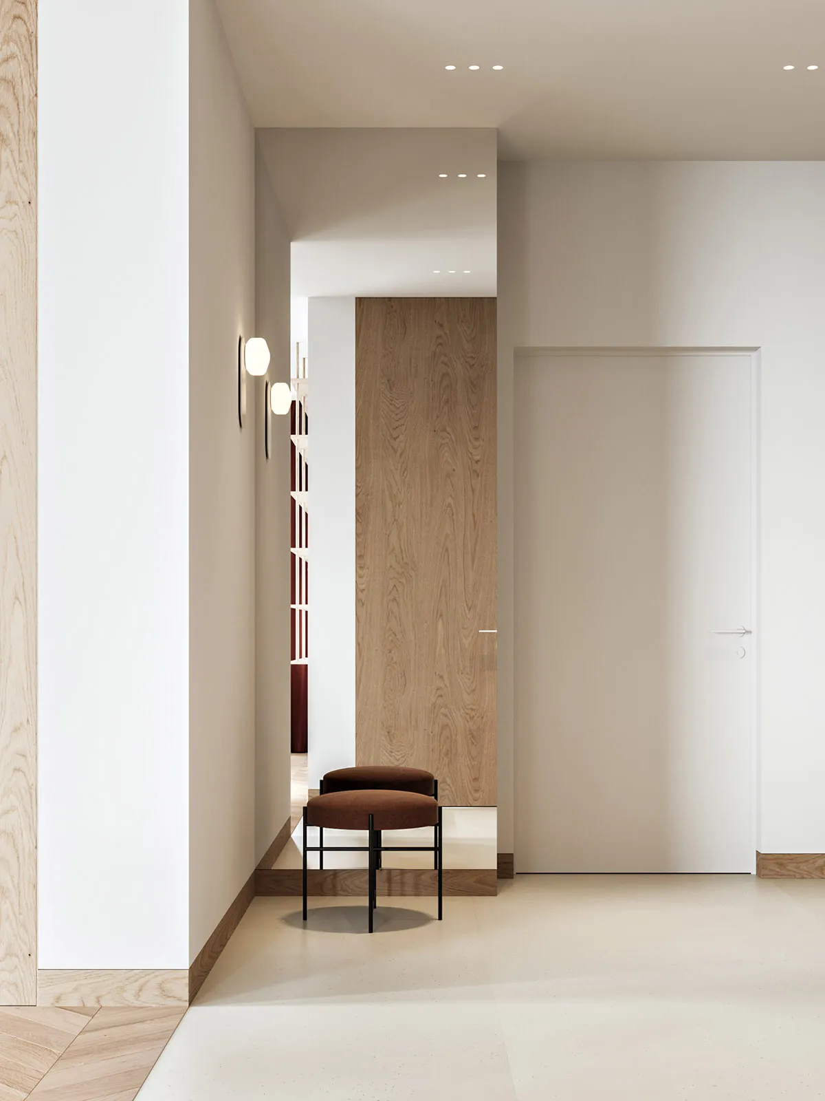 Modern white interior corridor with wooden flooring and walls.