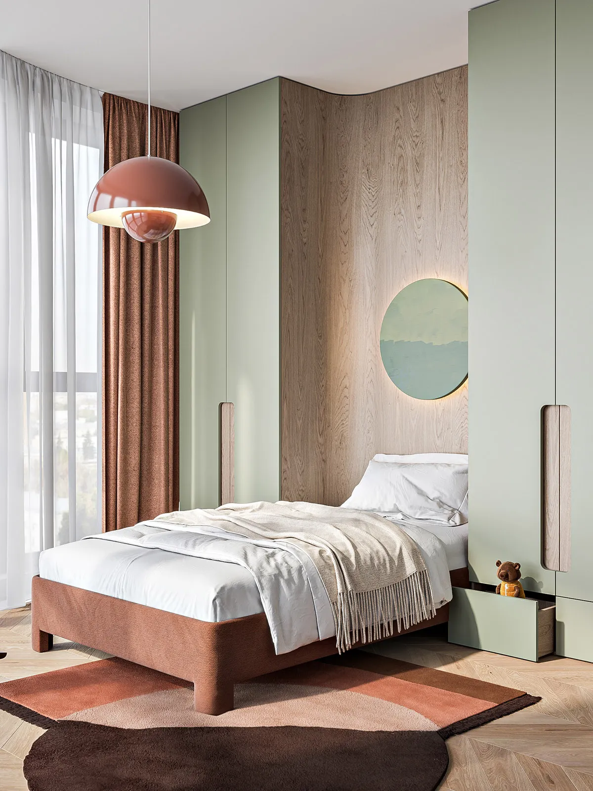 A modern bedroom with a single bed, wooden headboard, and warm-toned textiles.