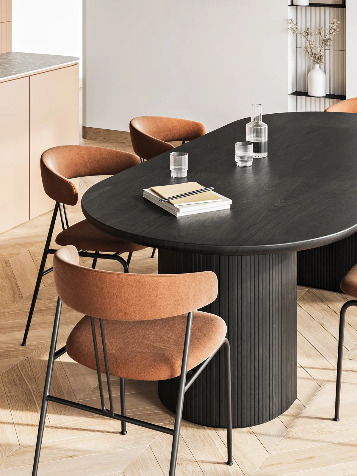 A modern dining room featuring a wooden table with orange upholstered chairs and a minimalist design.