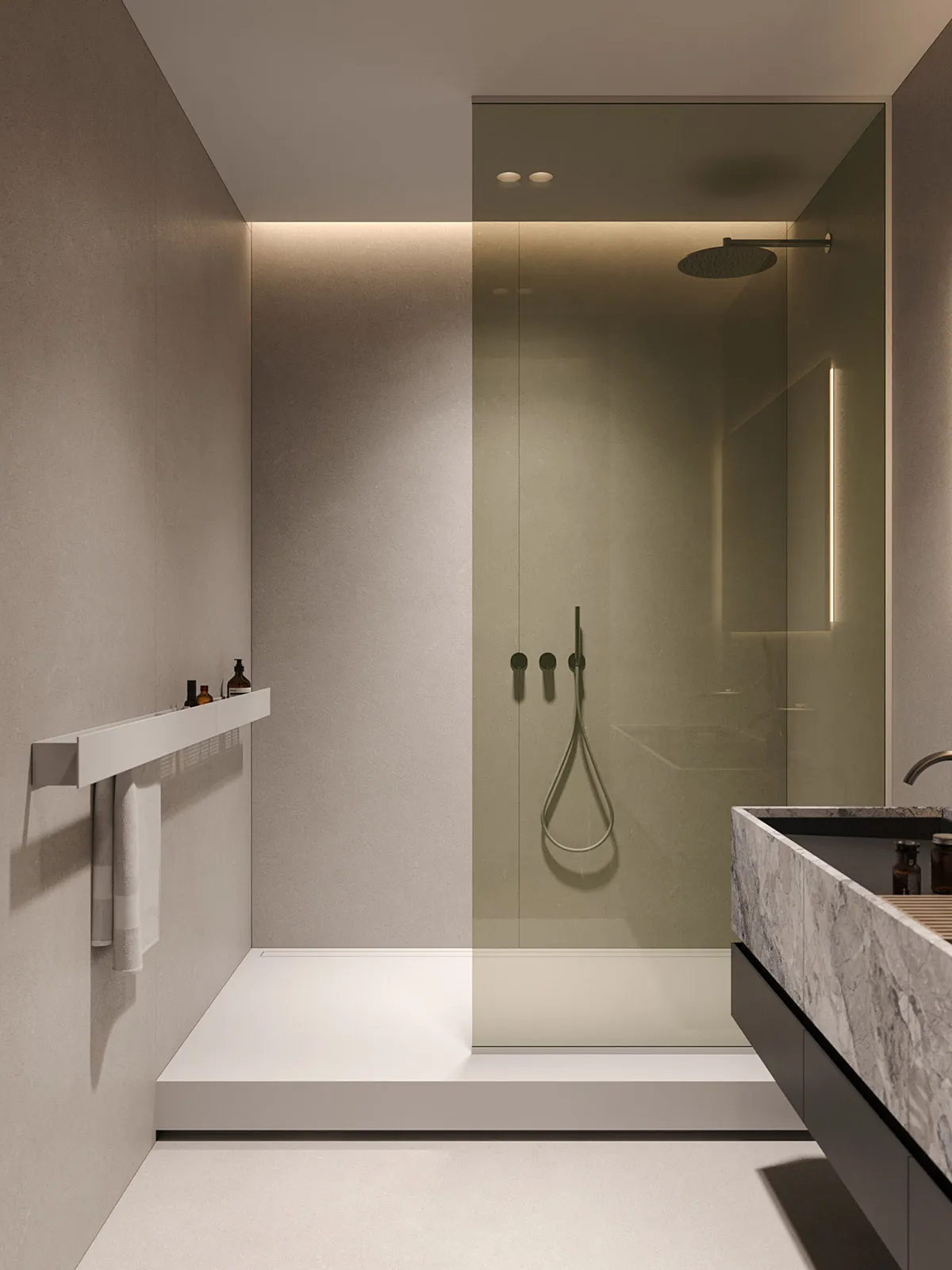 A modern minimalist bathroom featuring a glass shower stall, sleek sink, and contemporary fixtures.