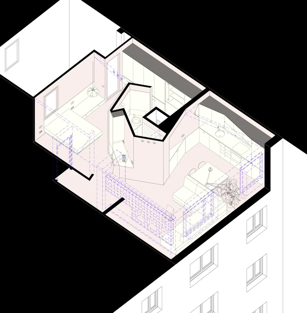An isometric view of a minimalist modern apartment with white walls and light-colored flooring.