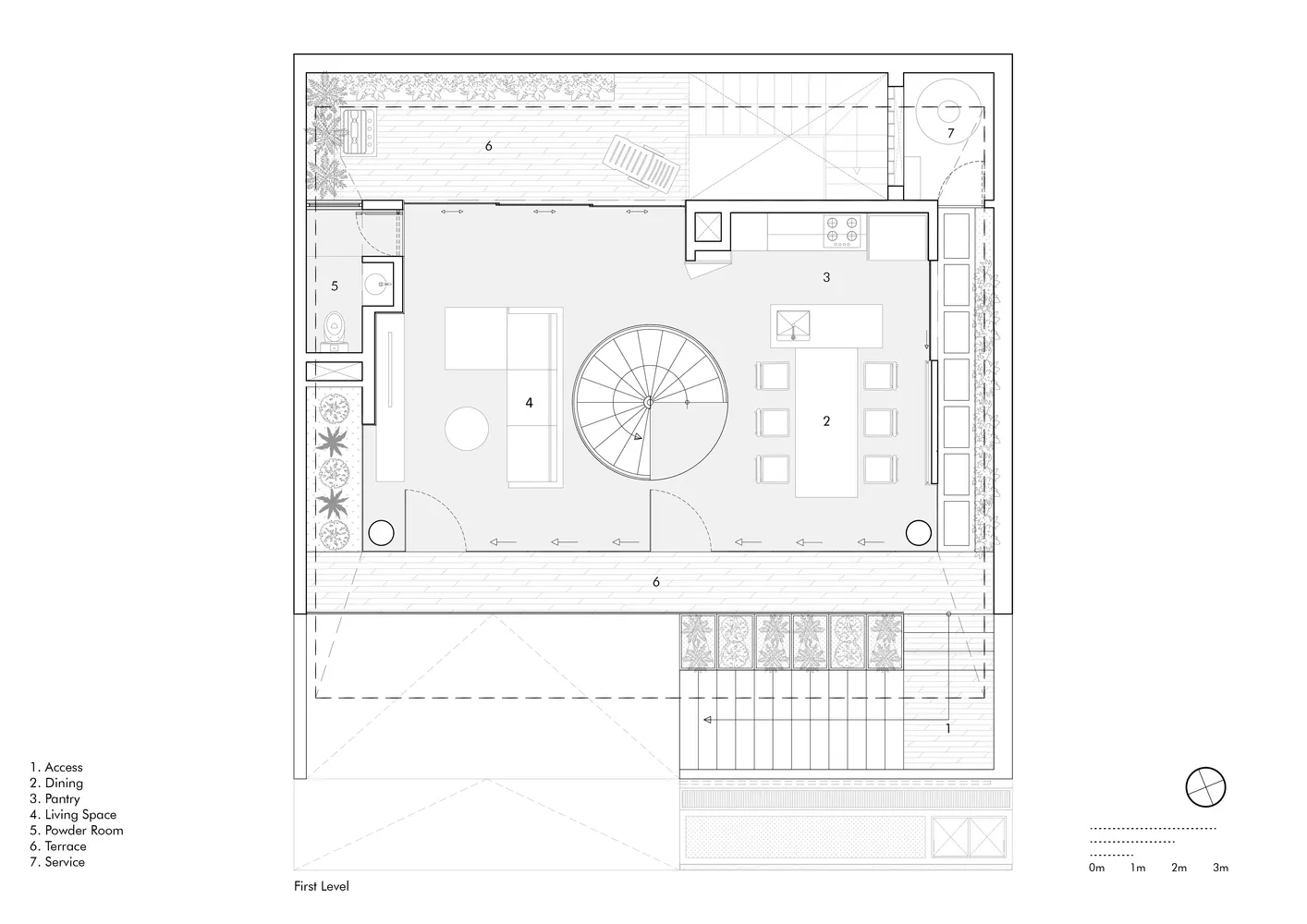 A detailed flat floor plan of a house showing various rooms such as access, dining, pantry, living space, powder room, terrac