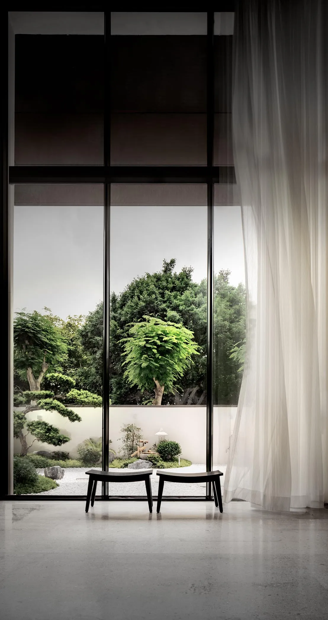 A minimalist window view showcasing a concrete floor and tree outside.