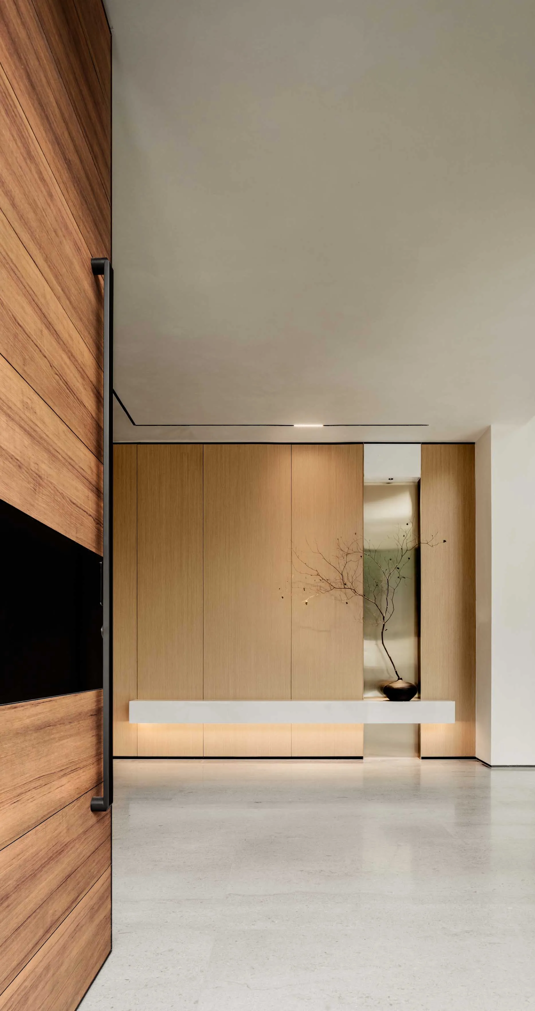 Modern minimalist entrance featuring wooden panels and concrete flooring.