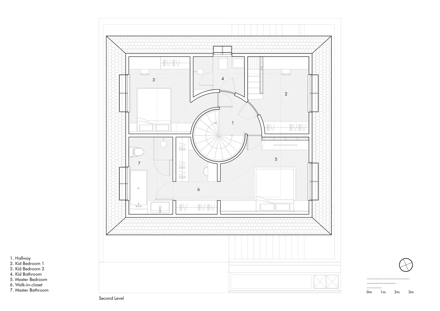Modern second floor plan featuring a central staircase and multiple bedrooms and bathrooms.