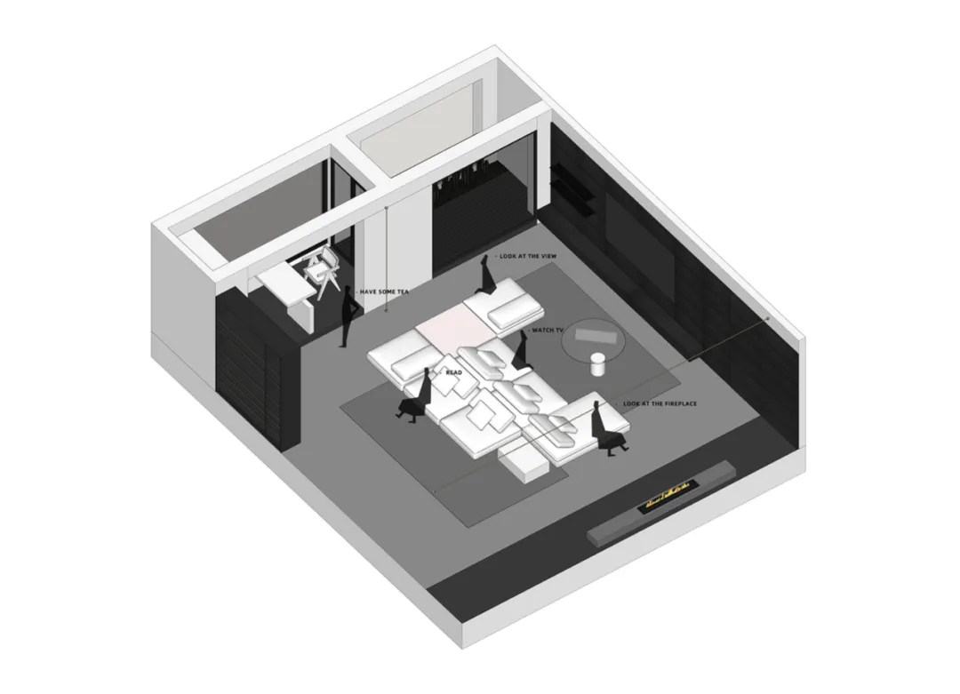 Isometric rendering of a modern living room with a fireplace, sofa, and reading area.