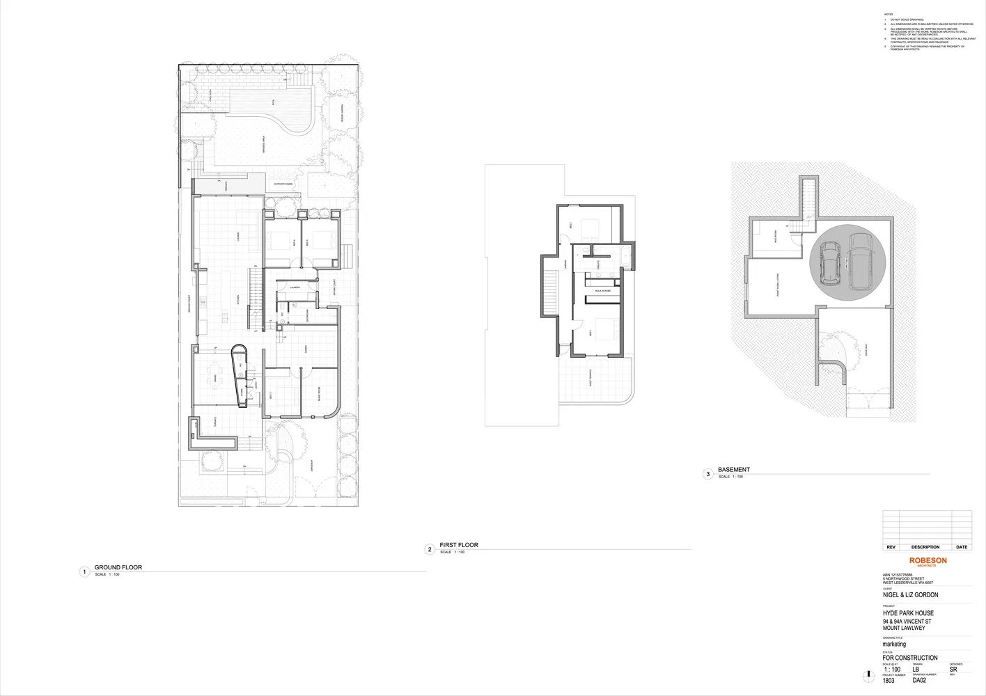Detailed architectural floor plans for a residential building, including ground floor, first floor, and basement layouts.