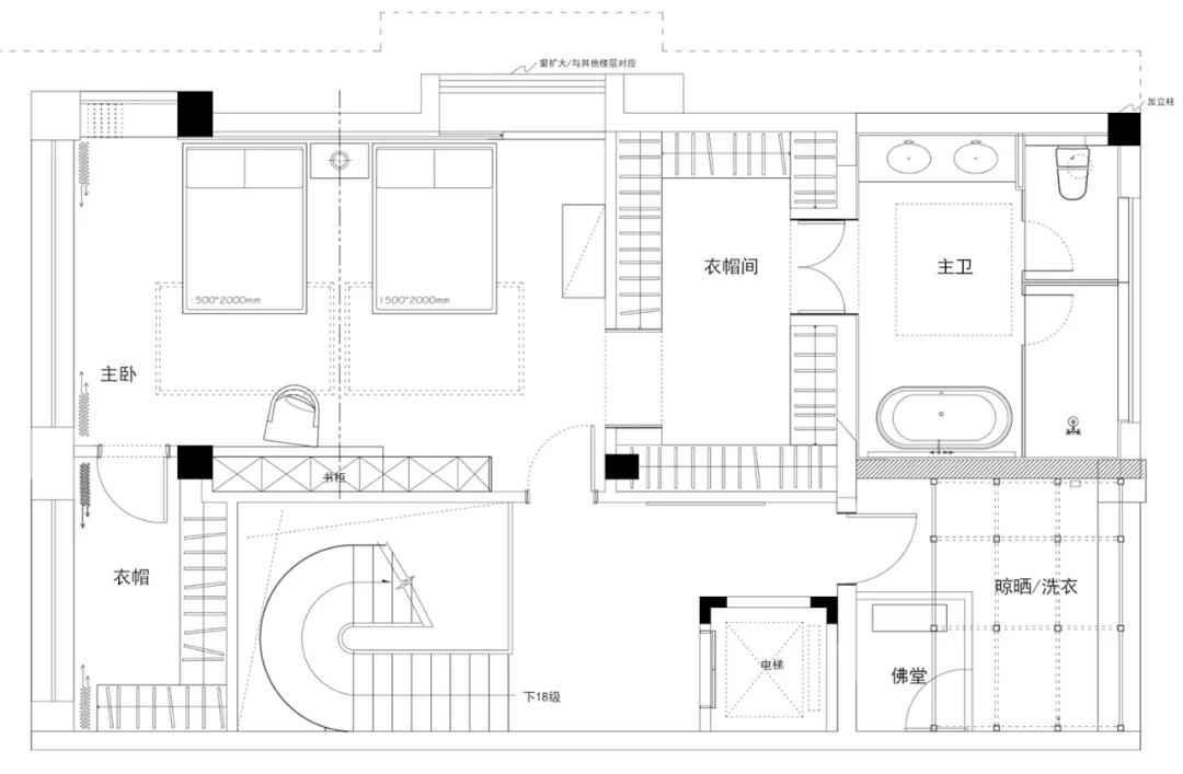 Black and white architectural floor plan of a residential house, showing the layout of rooms and spaces.