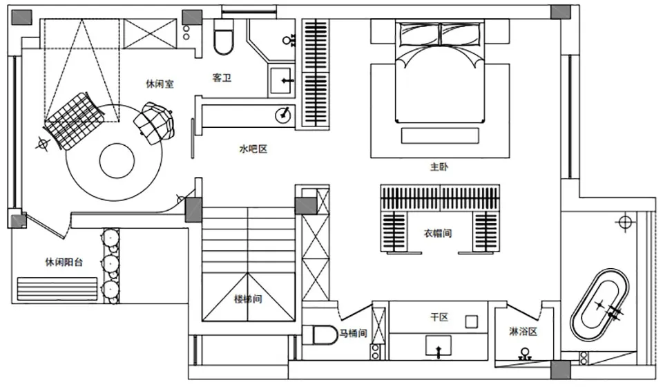 Detailed 2D architectural drawing of a modern single-family home floor plan, featuring living areas, bedrooms, bathrooms, and