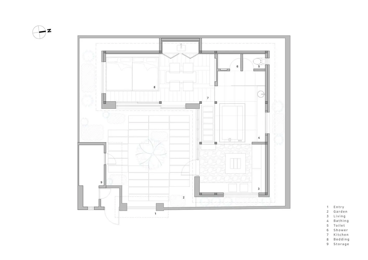 A 2D architectural plan of a modern residential apartment featuring concrete, glass, and steel materials.