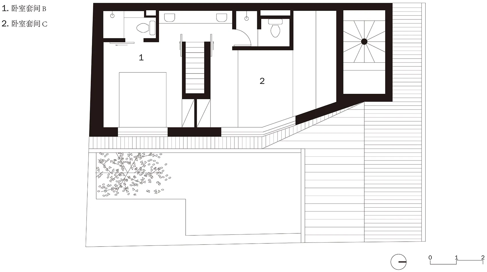 A modern architectural floor plan on paper, showing layout and design details.