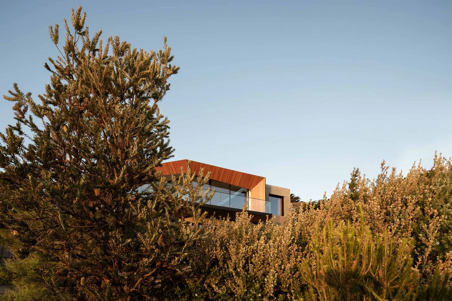 Modern residential house with wooden exterior and large glass windows and doors.