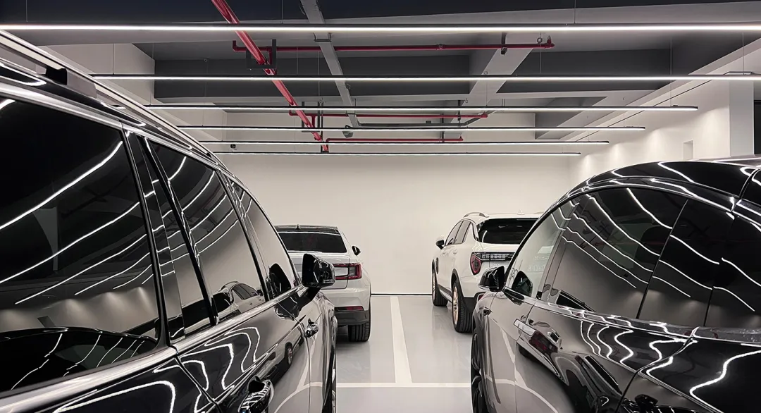 Automobile showroom interior with metallic finishes