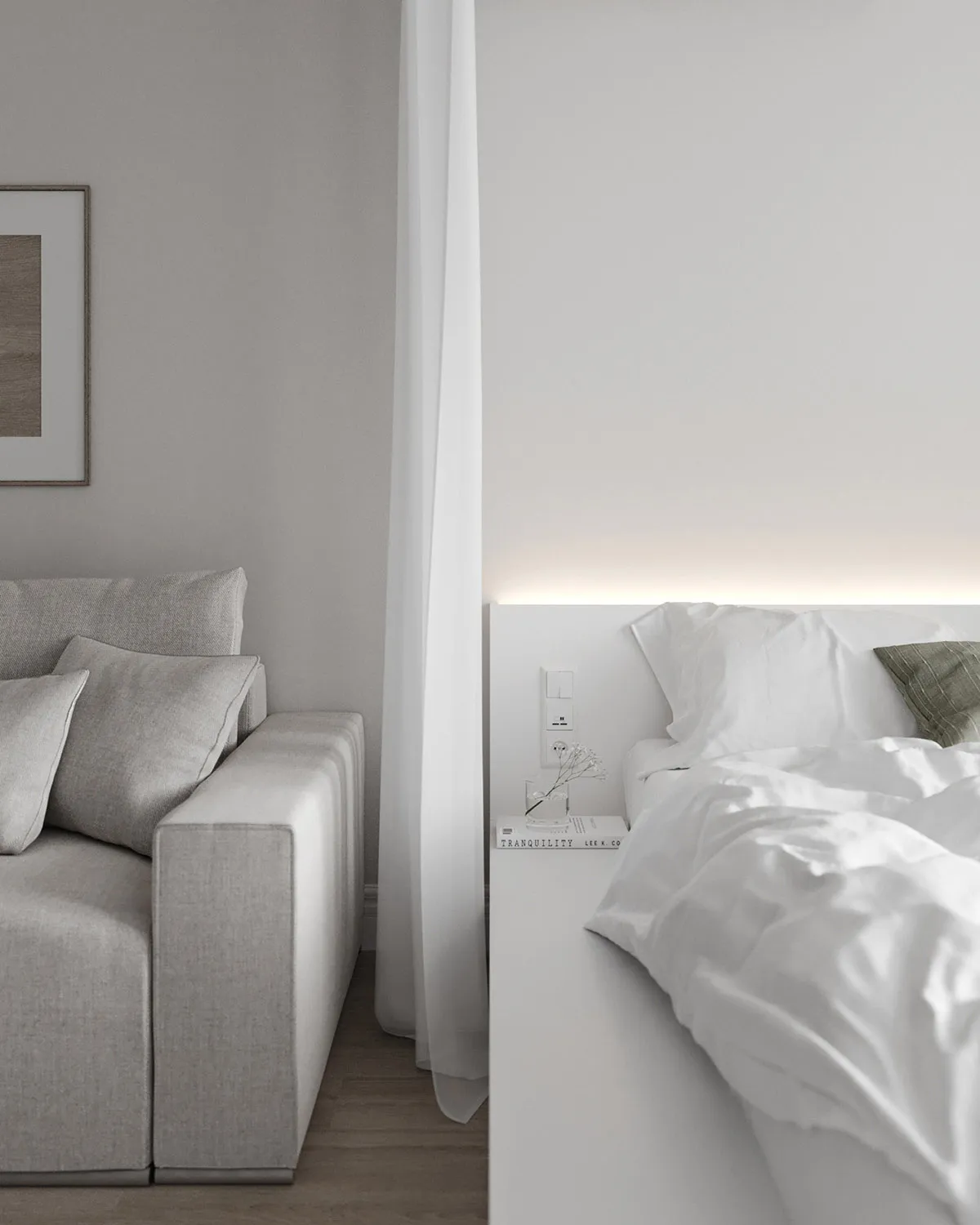 A minimalist bedroom featuring a bed with white bedding and a gray sofa against a plain wall with a white curtain and floor l