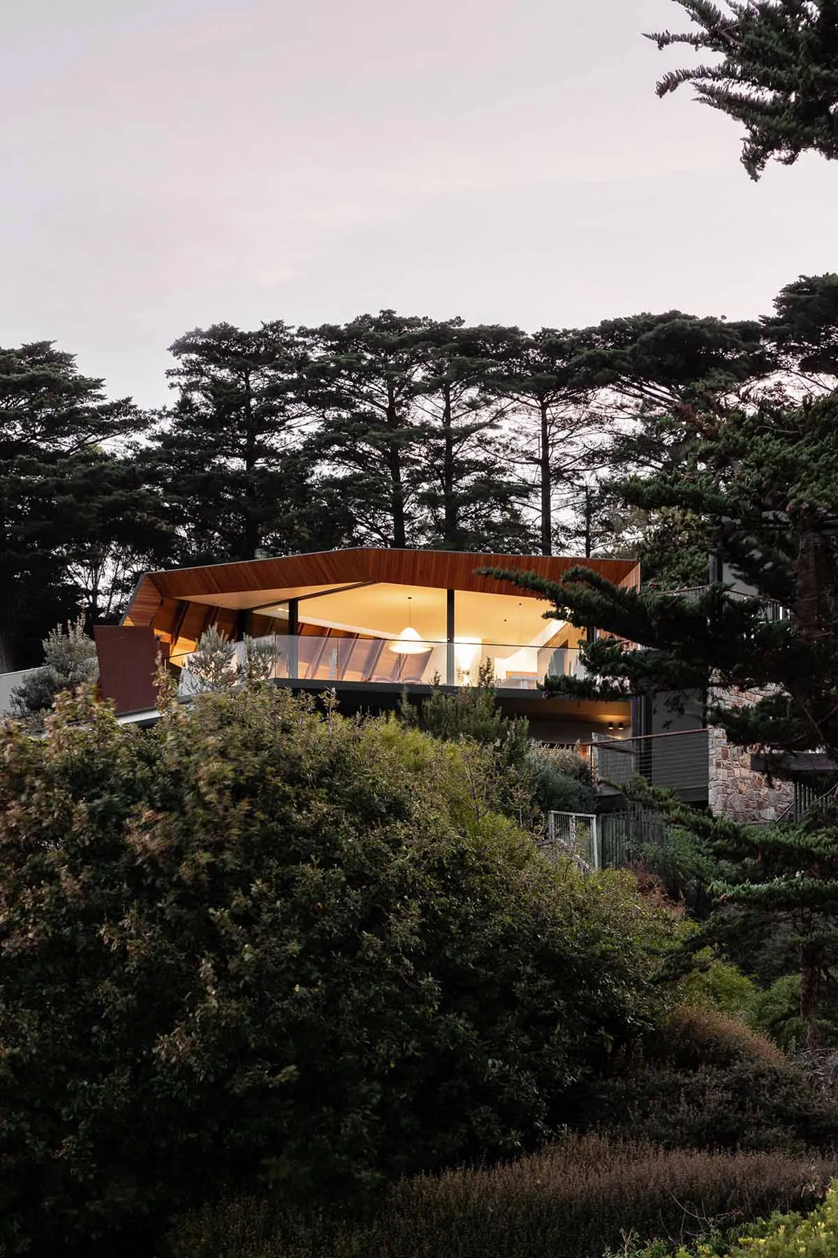 A modern house with a glass wall and wooden frame surrounded by greenery.