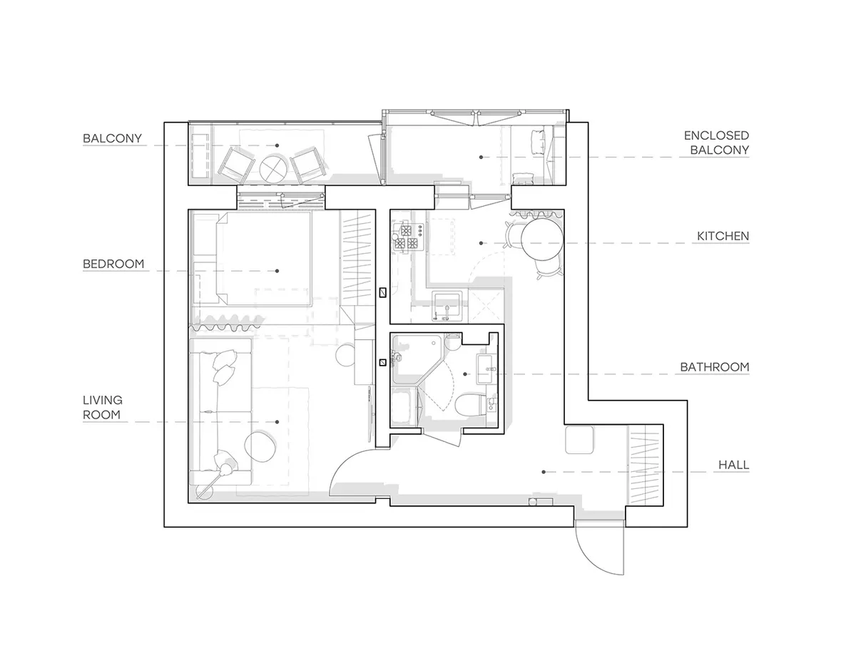 Floor plan of a modern kitchen with a balcony and an enclosed balcony.