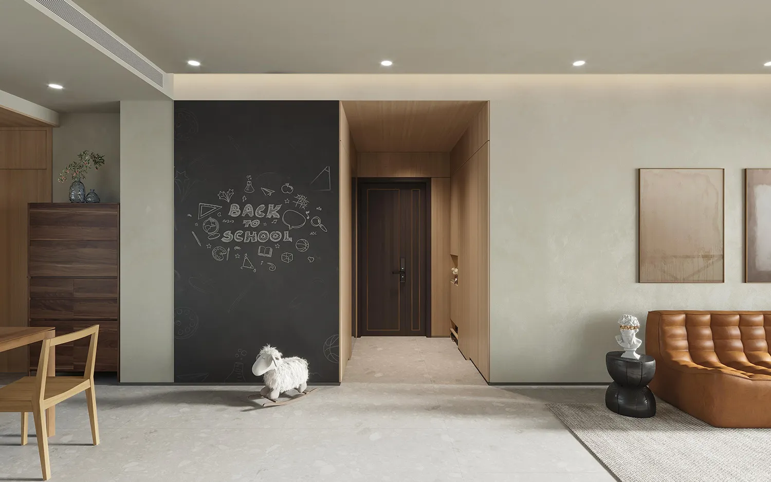 A modern living room featuring a mix of materials including wood and leather, with a chalkboard wall, a wooden rocking sheep,