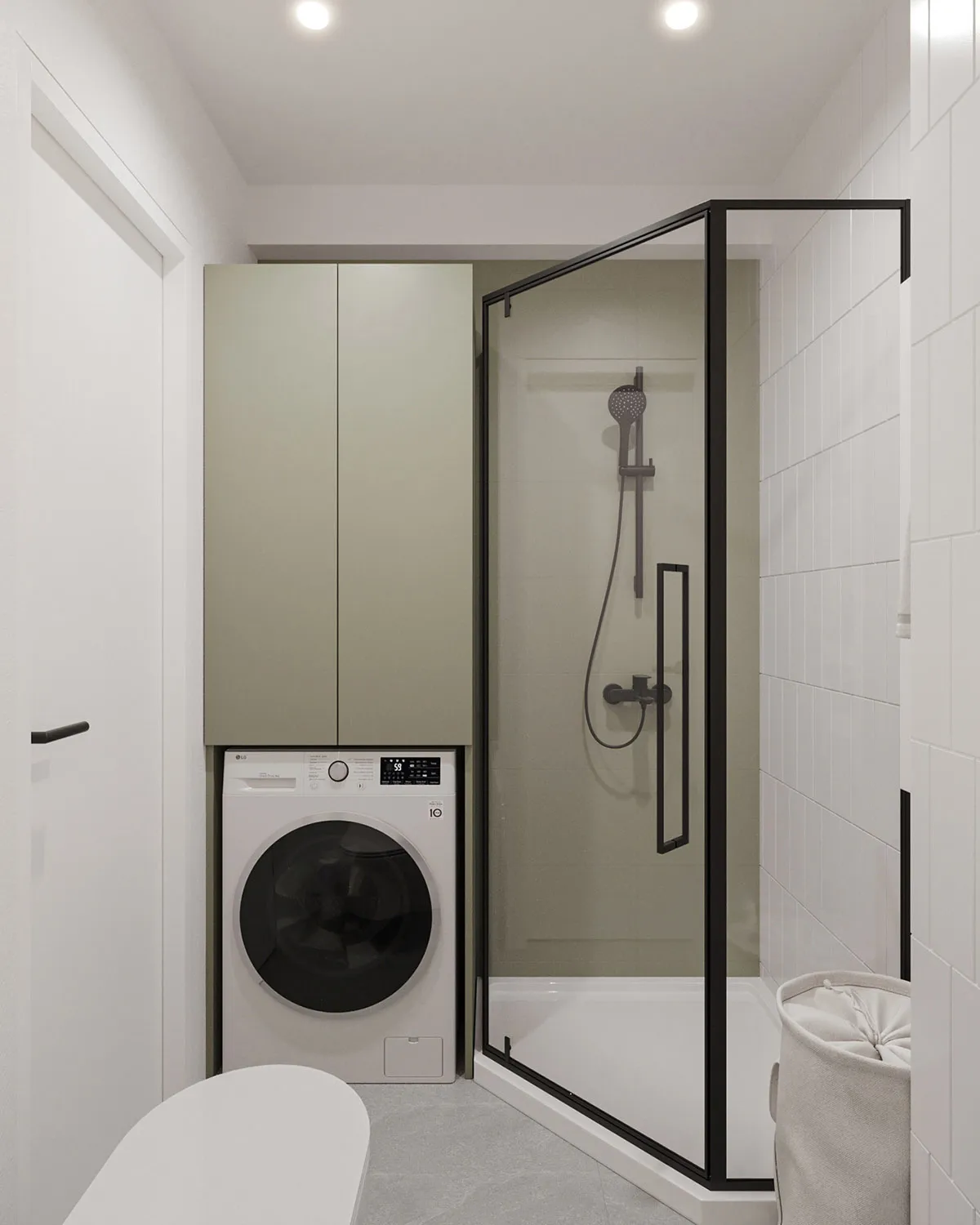 Modern minimalist bathroom with white cabinets, glass shower enclosure, and ceramic tiles. Features include a washing machine
