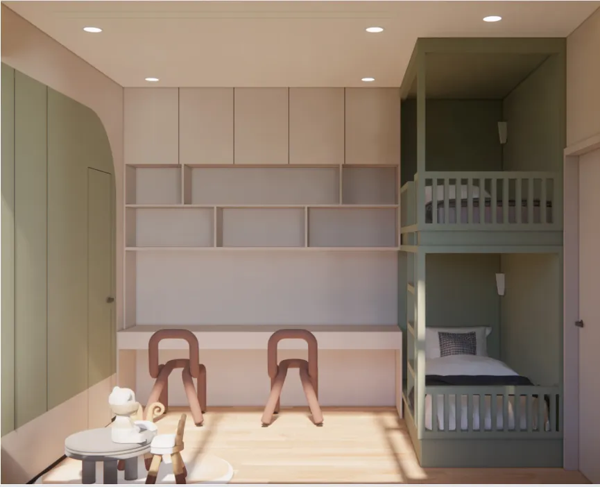 Modern minimalist children's bedroom with bunk beds and storage shelves.